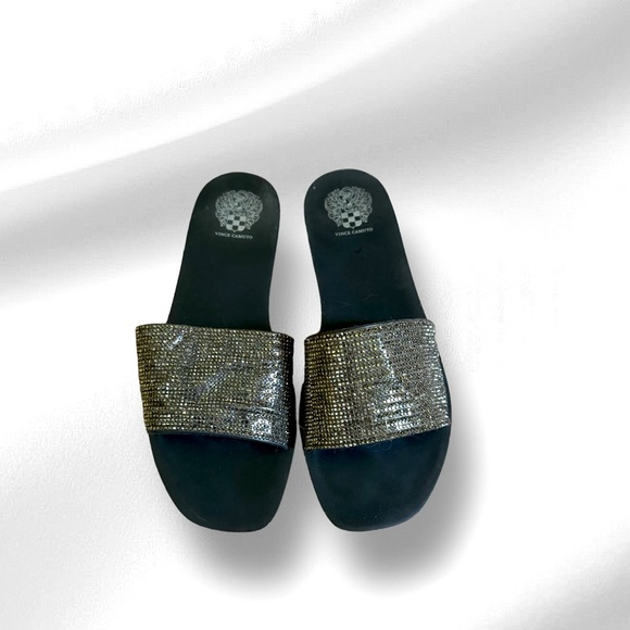 Vince Camuto Jaquell Pool Slides! Black and Silver Sequined EUC Size 8 - Picture 3 of 13